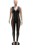 Fashion Sexy Deep V Collar Zipper Sleeveless Perspectivity Hip Bodycon Jumpsuits CCY9463