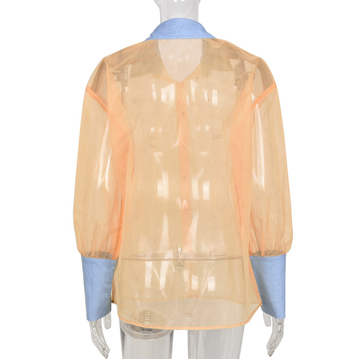Hot Sale Women's Spliced Denim Long Sleeve Mesh Shirt NZH6392