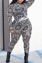New Fat Women Design Printed Long Sleeve O Neck Slim Fitting Contains No Belt Jumpsuits MK067