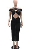 Fashion Sexy A Word Shoulder Strapless Hollow Out Split Pure Color Long Dress CCY9456