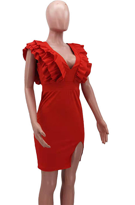 Sexy Nigh Club Pure Color V Neck Collect Waist Ruffle Hip Dress HHM6603