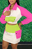 Wholesale New Women Multicolor Spliced Long Sleeve Tops Hip Skirts Fashion Suit MD463