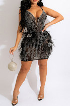 Trendy Sexy V Collar Feather Condole Belt Hip Mini Dress CCY9465