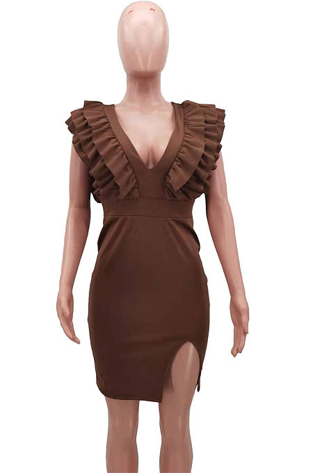 Sexy Nigh Club Pure Color V Neck Collect Waist Ruffle Hip Dress HHM6603