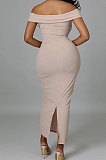 Fashion Sexy A Word Shoulder Strapless Hollow Out Split Pure Color Long Dress CCY9456