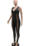 Fashion Sexy Deep V Collar Zipper Sleeveless Perspectivity Hip Bodycon Jumpsuits CCY9463