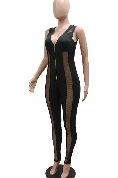 Fashion Sexy Deep V Collar Zipper Sleeveless Perspectivity Hip Bodycon Jumpsuits CCY9463