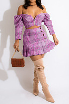 Sexy Fashion Women Plaid Prined A Word Shoulder Ruffle Sleeve Zipper Crop Tops Hip Skirts Suit SM9227