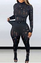 Euramerican Women Elastic Hole High Collar Long Sleeve Top Pencil Pants Sets LD82014