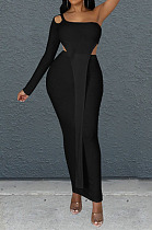 Wholesale New Cotton Blend One Sleeve Off Shoulder Irregularity Tops Skinny Long Skirts Plain Suit  SZS2005