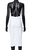 Euramerican Women Solid Color Casual Backless Chain Ruffle Condole Belt Bodycon Midi Dress FWB465