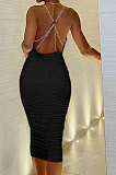 Euramerican Women Solid Color Casual Backless Chain Ruffle Condole Belt Bodycon Midi Dress FWB465