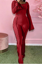 Sexy Casual Pure Color Spliced Ribber Horn Sleeve Crop Tops High Waist Flare Pants Fashion Suit YX9303