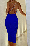Euramerican Women Solid Color Casual Backless Chain Ruffle Condole Belt Bodycon Midi Dress FWB465