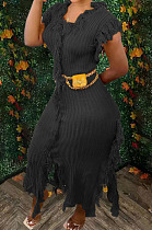 Fashion Sexy Solid Color Sleeveless Tassel Knitting Slim Fitting Dress TRS1190