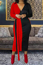 Euramerican Trendy Women Color Matching Long Bandage Midi Dress NL60104