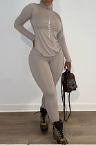 Wholesale Women Design Printed Long Sleeve High Neck Skinny Pants Solid Color Suit DN8655