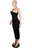 Women Sexy Fashion Single Sleeve Bandage Shirred Detail Midi Dress SH7294