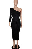 Women Sexy Fashion Single Sleeve Bandage Shirred Detail Midi Dress SH7294