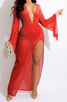 Euramerican Women Hot Stamping Sequins High Elastic Mesh Spaghetti Split Long Dress With Underwear QQM4380