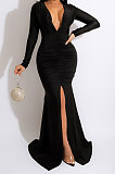 Women Solid Color Sexy  V Collar Split Fishtail Skirt High Waist Long Dress MY10036