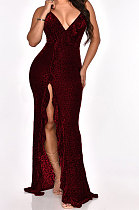 Sexy V Collar Leopard Condole Belt Backless Velvet Split Long Dress MY10039