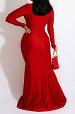 Women Solid Color Sexy  V Collar Split Fishtail Skirt High Waist Long Dress MY10036