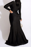 Women Solid Color Sexy  V Collar Split Fishtail Skirt High Waist Long Dress MY10036