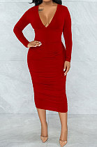 Women V Collar Knitting Hip Solid Color Sexy Ruffle Mini Dress MY10027