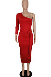 Women Sexy Fashion Single Sleeve Bandage Shirred Detail Midi Dress SH7294