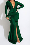 Women Solid Color Sexy  V Collar Split Fishtail Skirt High Waist Long Dress MY10036