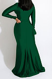 Women Solid Color Sexy  V Collar Split Fishtail Skirt High Waist Long Dress MY10036