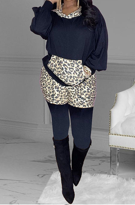 Hot Sales Stylish Women Leopard Printed Patchwork Long Sleeve Hoodie Skinny Pants Casual Suit LY062 