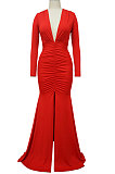 Women Solid Color Sexy  V Collar Split Fishtail Skirt High Waist Long Dress MY10036