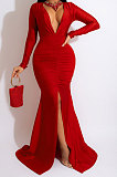Women Solid Color Sexy  V Collar Split Fishtail Skirt High Waist Long Dress MY10036