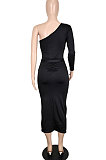 Women Sexy Fashion Single Sleeve Bandage Shirred Detail Midi Dress SH7294