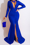 Women Solid Color Sexy  V Collar Split Fishtail Skirt High Waist Long Dress MY10036