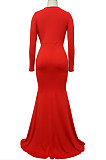 Women Solid Color Sexy  V Collar Split Fishtail Skirt High Waist Long Dress MY10036