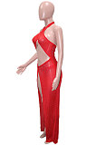 Women Sexy Halter Neck Backless Mesh Spaghetti Perspectivity Bling Bling Sleeveless Split Long Dress SN390260