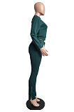 Women Fashion New Long Sleev Tops Slit Pants Slim Fitting Plain Suit LML285
