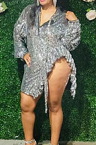 Night Club Sexy Long Sleeve V Neck Bandage Slit Ruffle Mini Dress  D8476