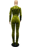 Wholesal Hot Sales Women Velvet Ruffle Long Sleeve Crop Hoodie Trousers Slim Fitting Solid Color Suit LML294