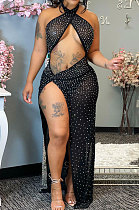 Women Sexy Halter Neck Backless Mesh Spaghetti Perspectivity Bling Bling Sleeveless Split Long Dress SN390260