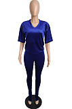 Simple New Women Velvet Short Sleeve V Neck Loose Tops Trousers Plain Casual Suit LML293