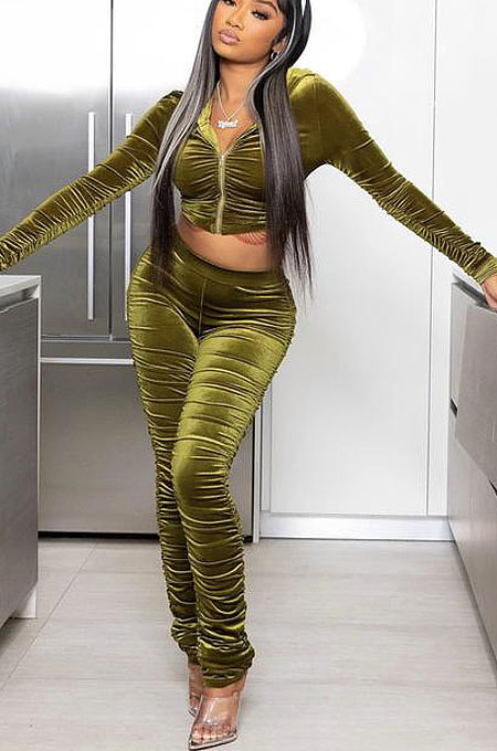 Wholesal Hot Sales Women Velvet Ruffle Long Sleeve Crop Hoodie Trousers Slim Fitting Solid Color Suit LML294