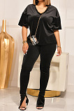 Simple New Women Velvet Short Sleeve V Neck Loose Tops Trousers Plain Casual Suit LML293