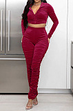 Wholesal Hot Sales Women Velvet Ruffle Long Sleeve Crop Hoodie Trousers Slim Fitting Solid Color Suit LML294