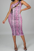 Night Club Sexy Oblique Shoulder Hollow Out Design Printed Collect Waist Bodycon Dress LWW9317