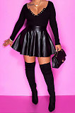 Casual Women Solid Color Ruffle PU Leather Skirts Long Sleeve Ribber Skirts Sets SDE21103