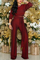 Euramerican Women Pure Color Three Quarter Sleeve Round Collar Loose Pants Sets SDE21102